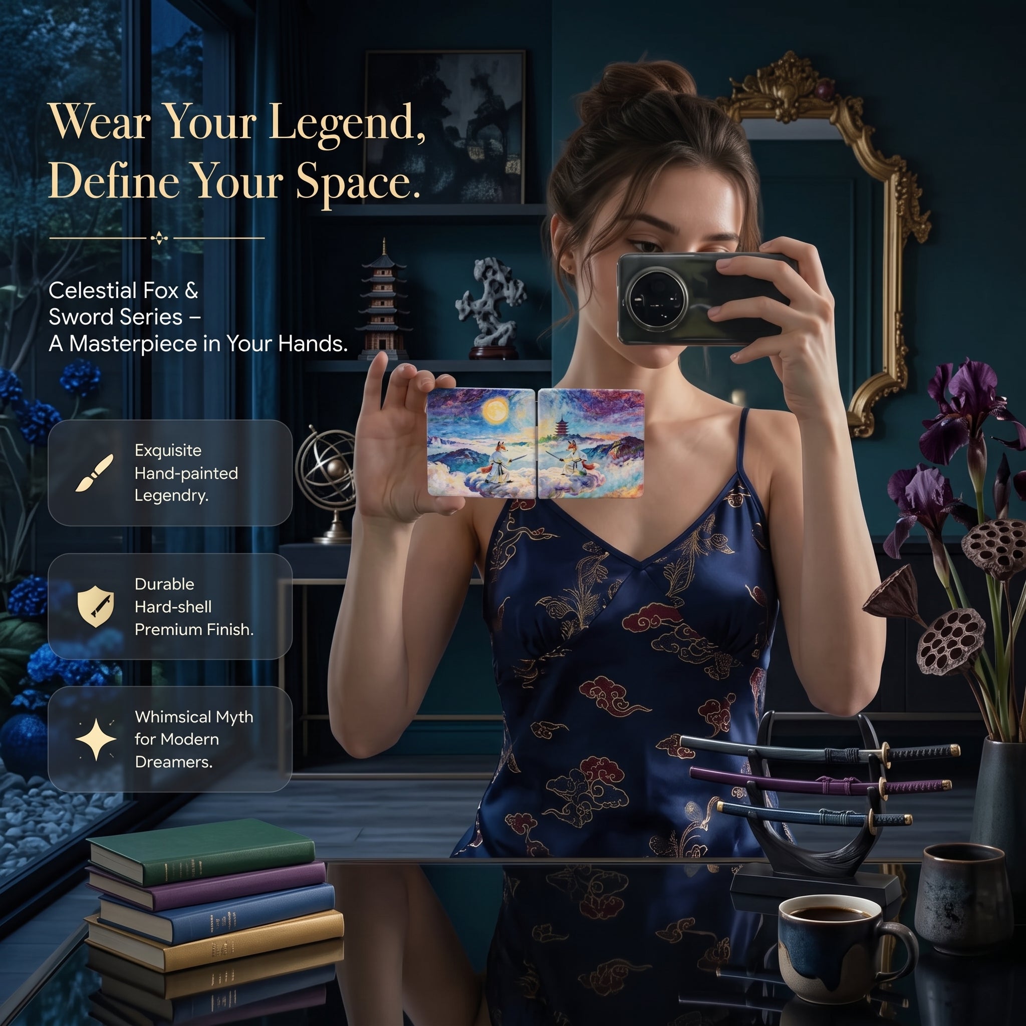 Celestial Fox Warrior Folding Compact Mirror