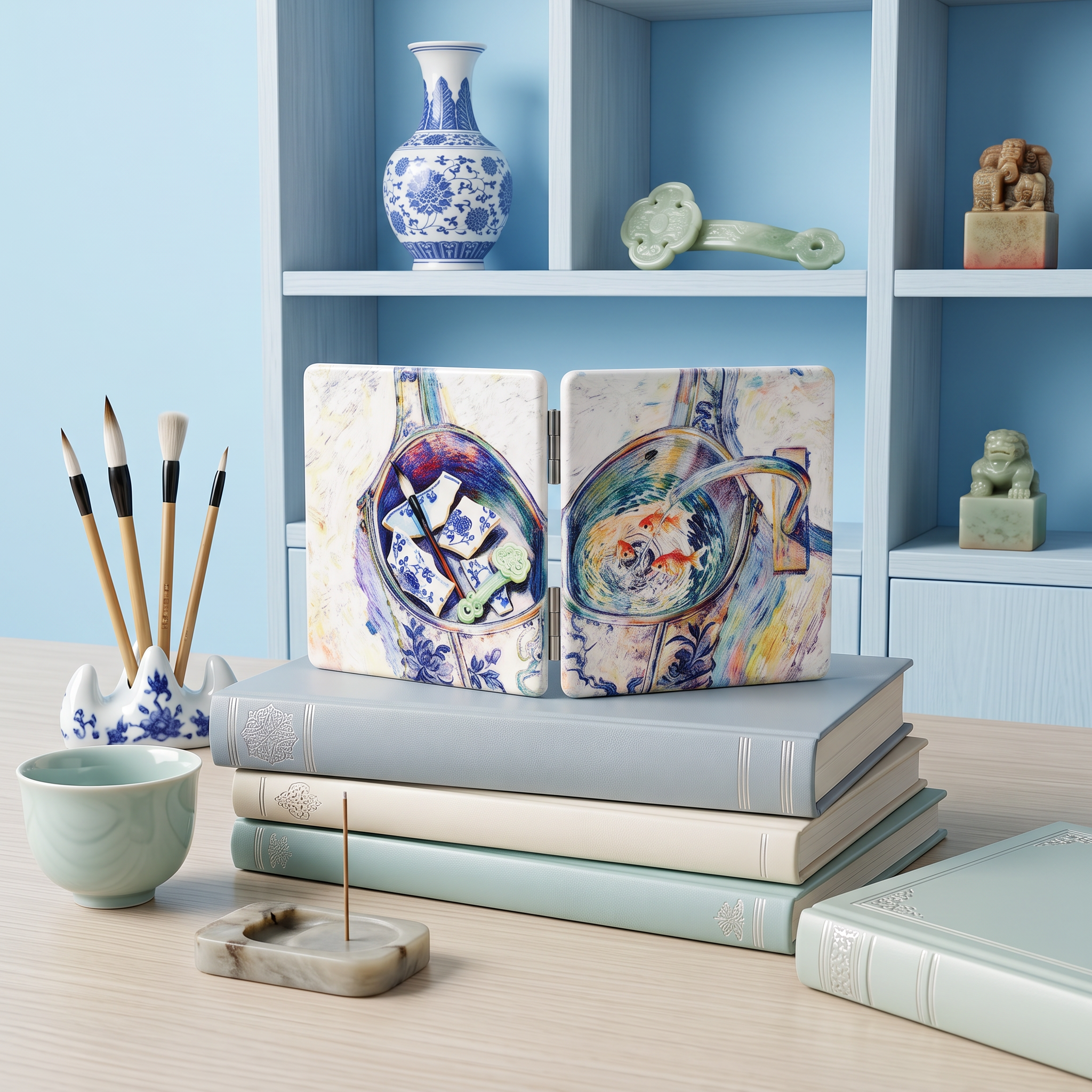 Porcelain Goldfish Folding Compact Mirror