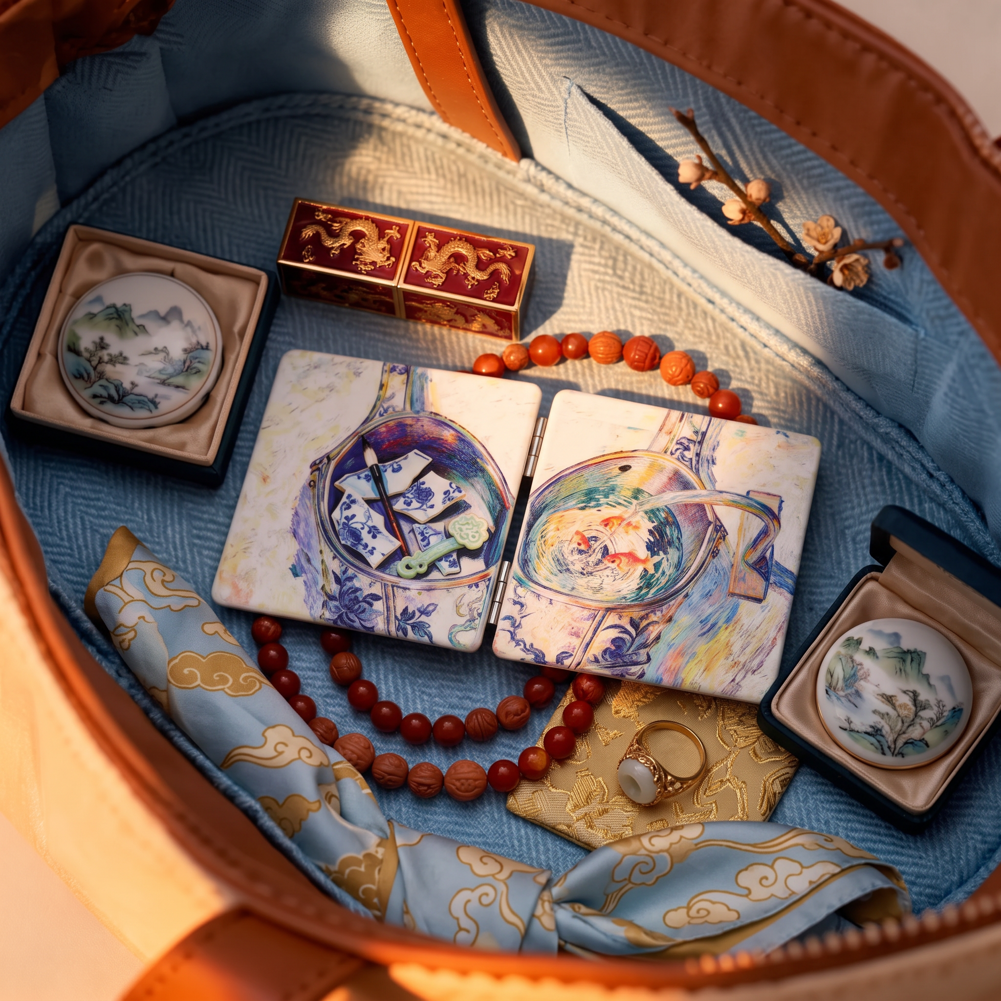 Porcelain Goldfish Folding Compact Mirror