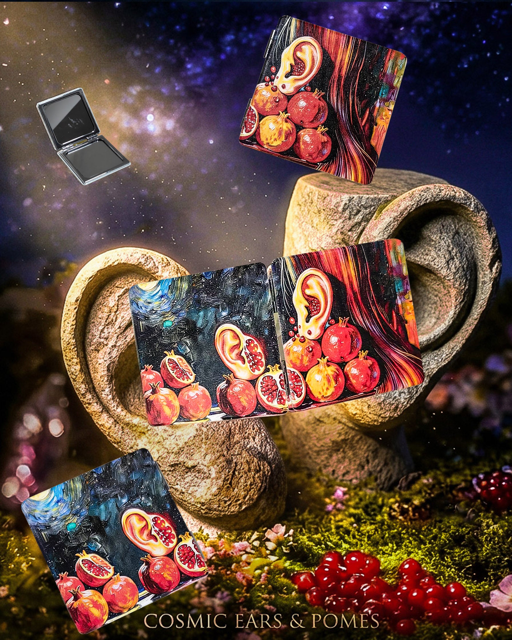 Surreal Ear & Pomegranate Starry Night Folding Mirror