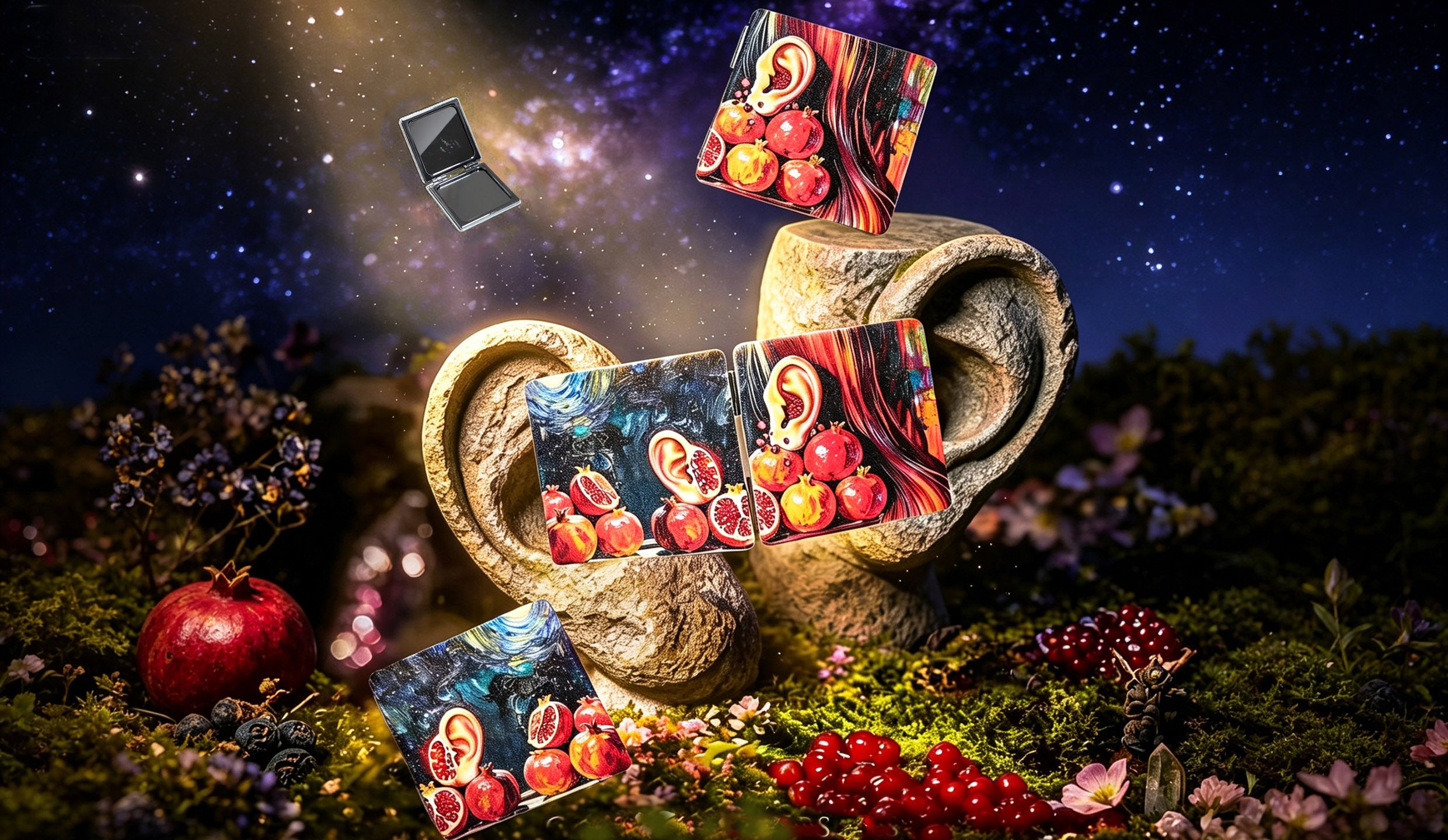 Surreal Ear & Pomegranate Starry Night Folding Mirror